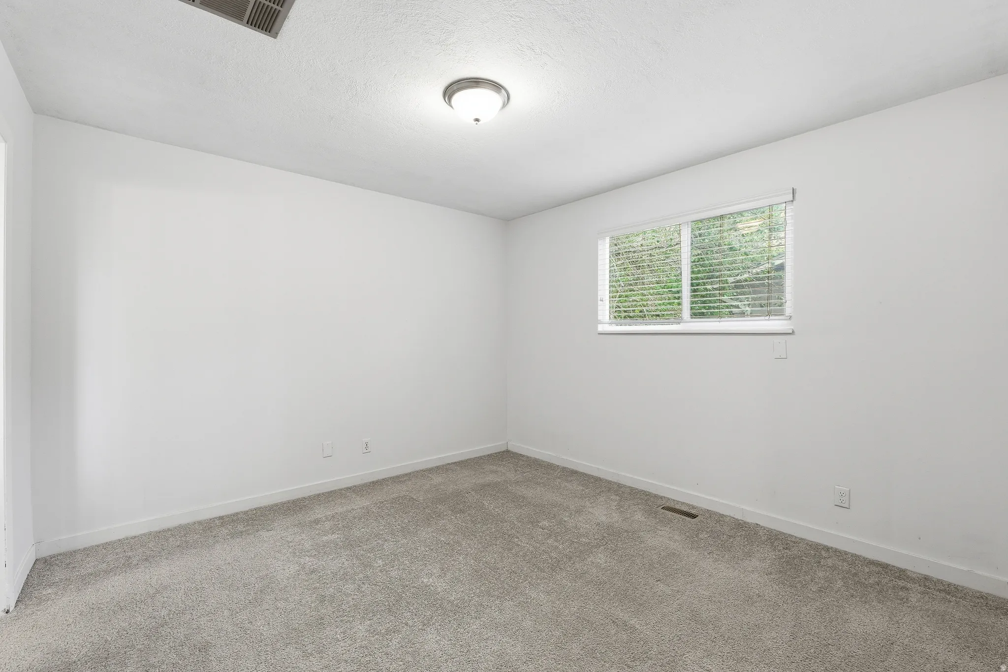 Carpeted room featuring a single window with blinds, white walls, and a ceiling-mounted light fixture
