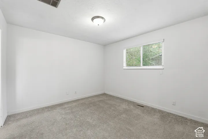 Carpeted room featuring a single window with blinds, white walls, and a ceiling-mounted light fixture