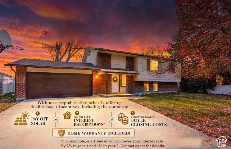 AI-generated twilight exterior graphic with buyer incentive text overlay.