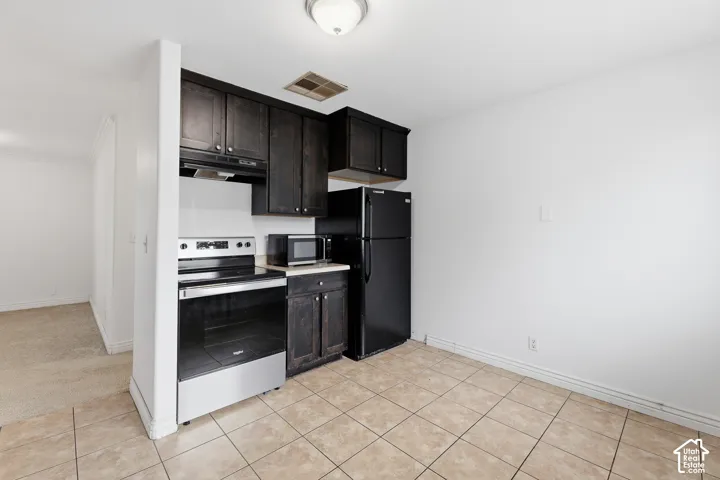 Kitchenette featuring dark wood-finish cabinetry, stainless steel range, and black refrigerator
