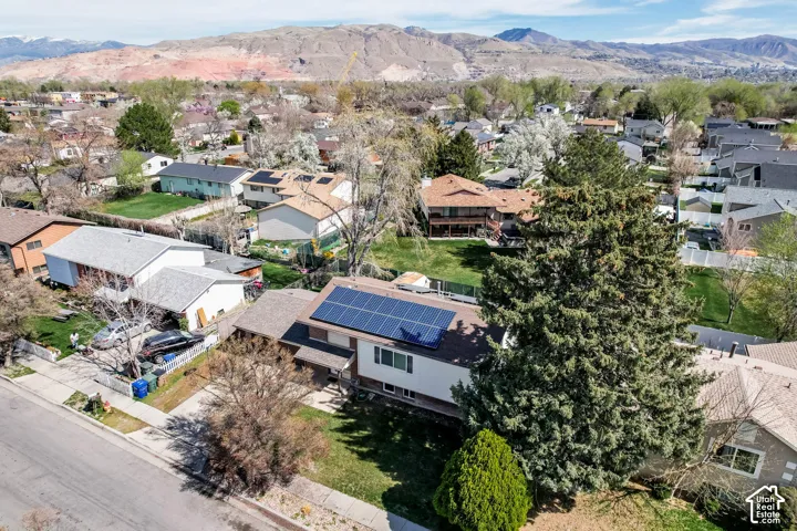 Split-level residence featuring roof-mounted solar panels, mature front yard trees, and a concrete driveway