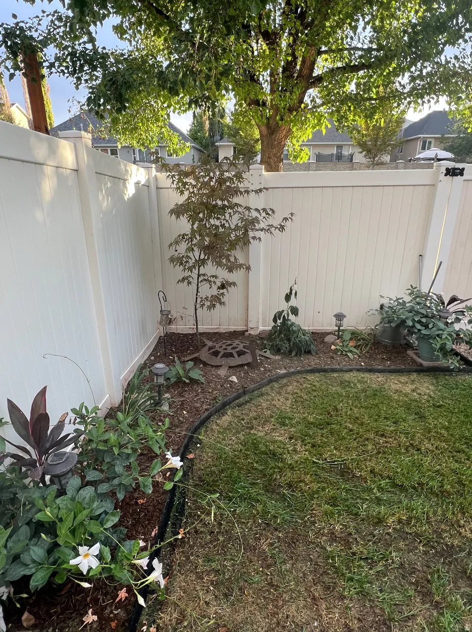 How the backyard previously look and could looked with new plants. Sunshade is included with sale.