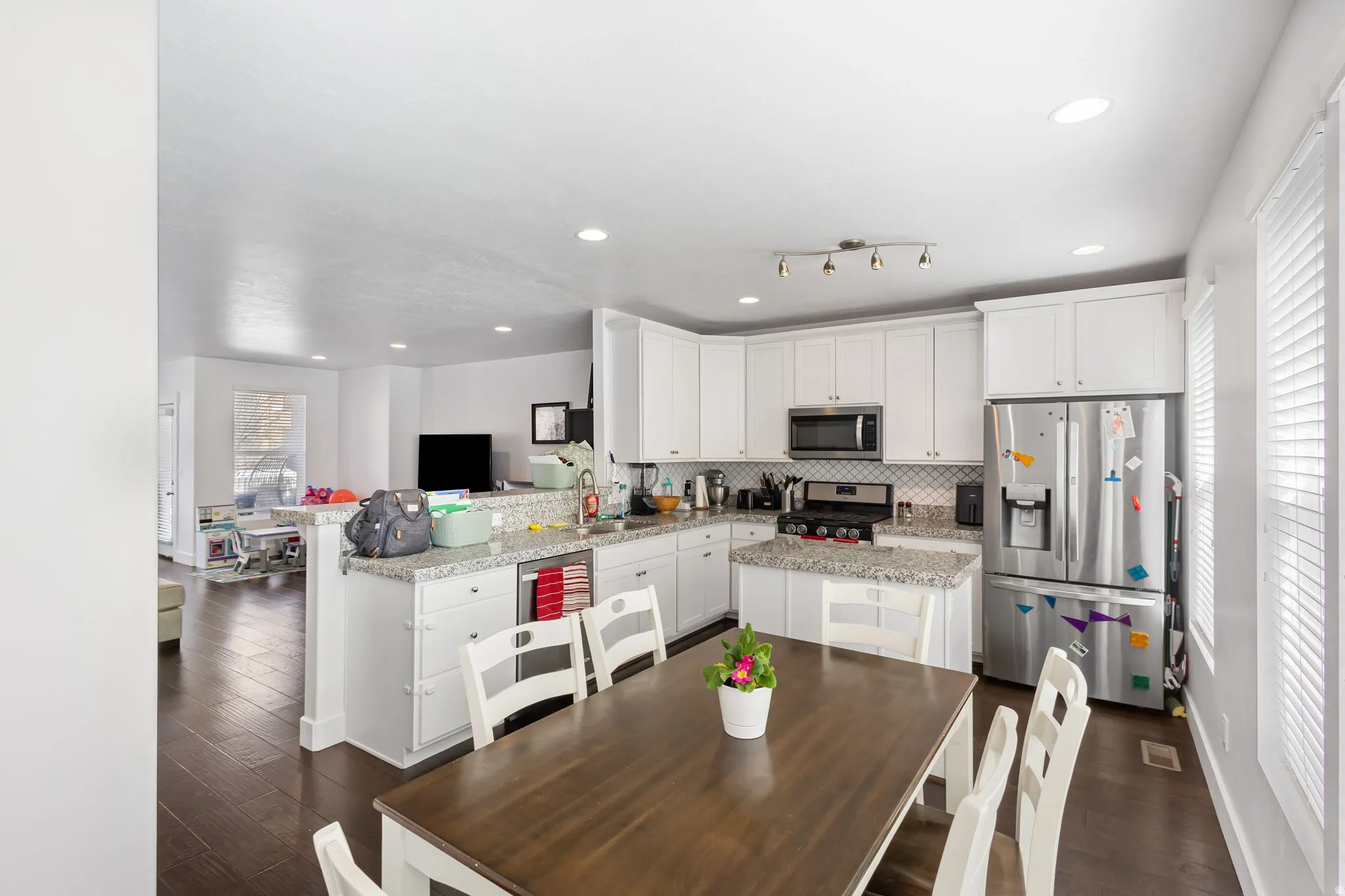 Kitchen with stainless steel appliances, white cabinets, dark wood-type flooring, a peninsula, and recessed lighting