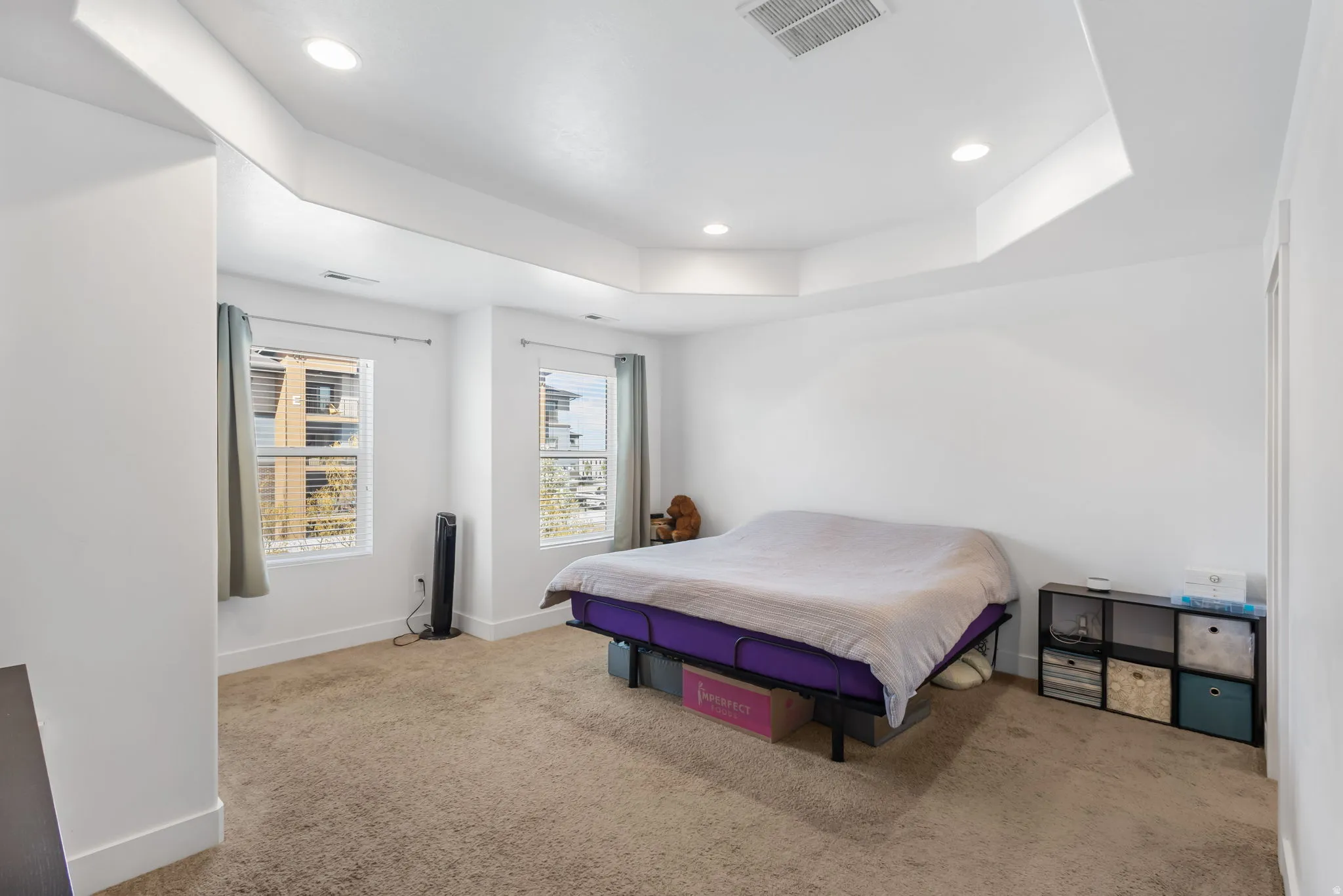 Bedroom featuring a tray ceiling, light colored carpet, and recessed lighting