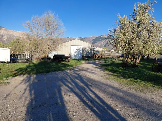 View of barn and apple trees