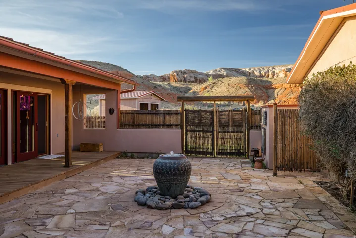 View of patio / terrace with a mountain view