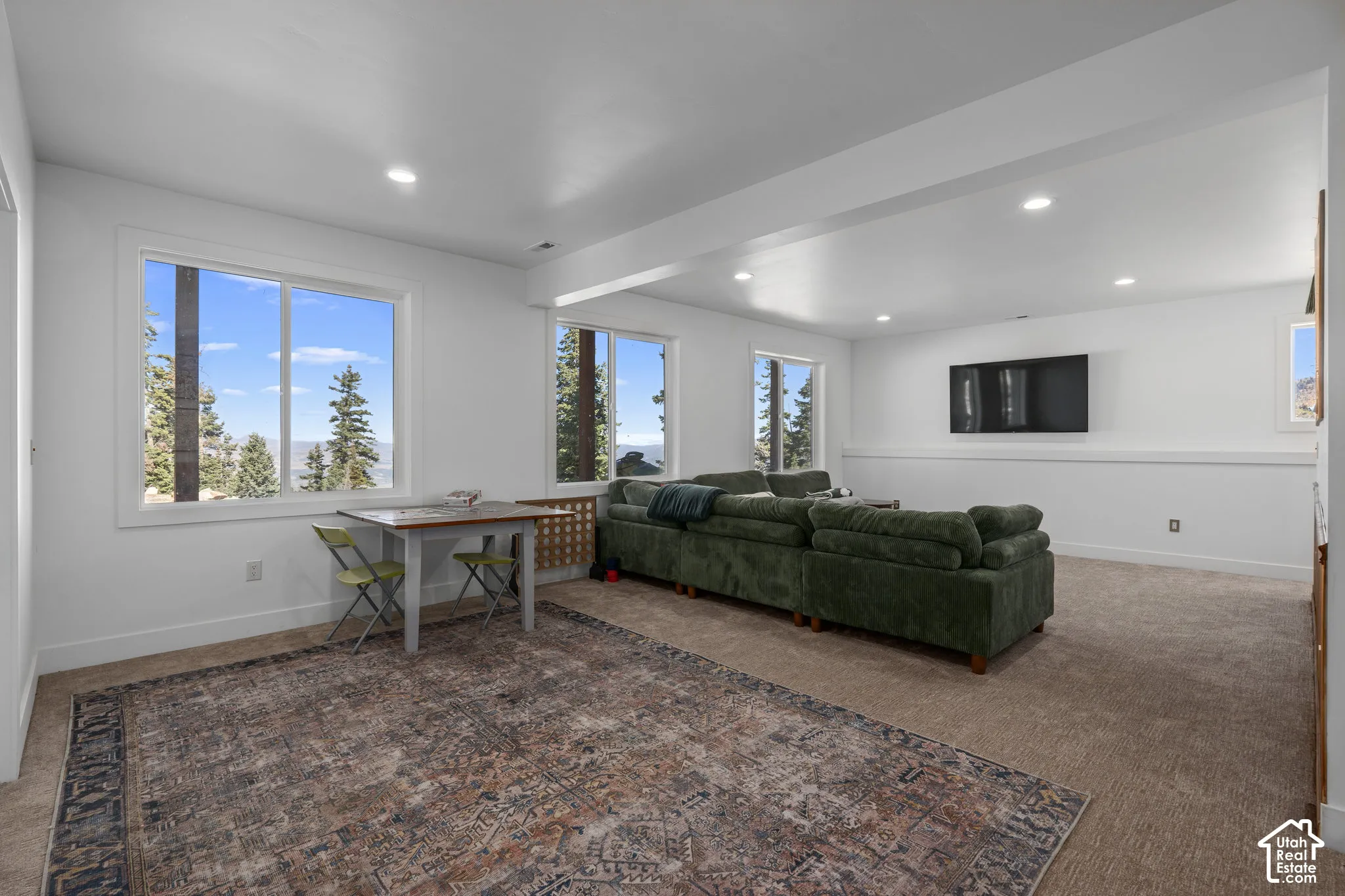 Living area with dark carpet and recessed lighting