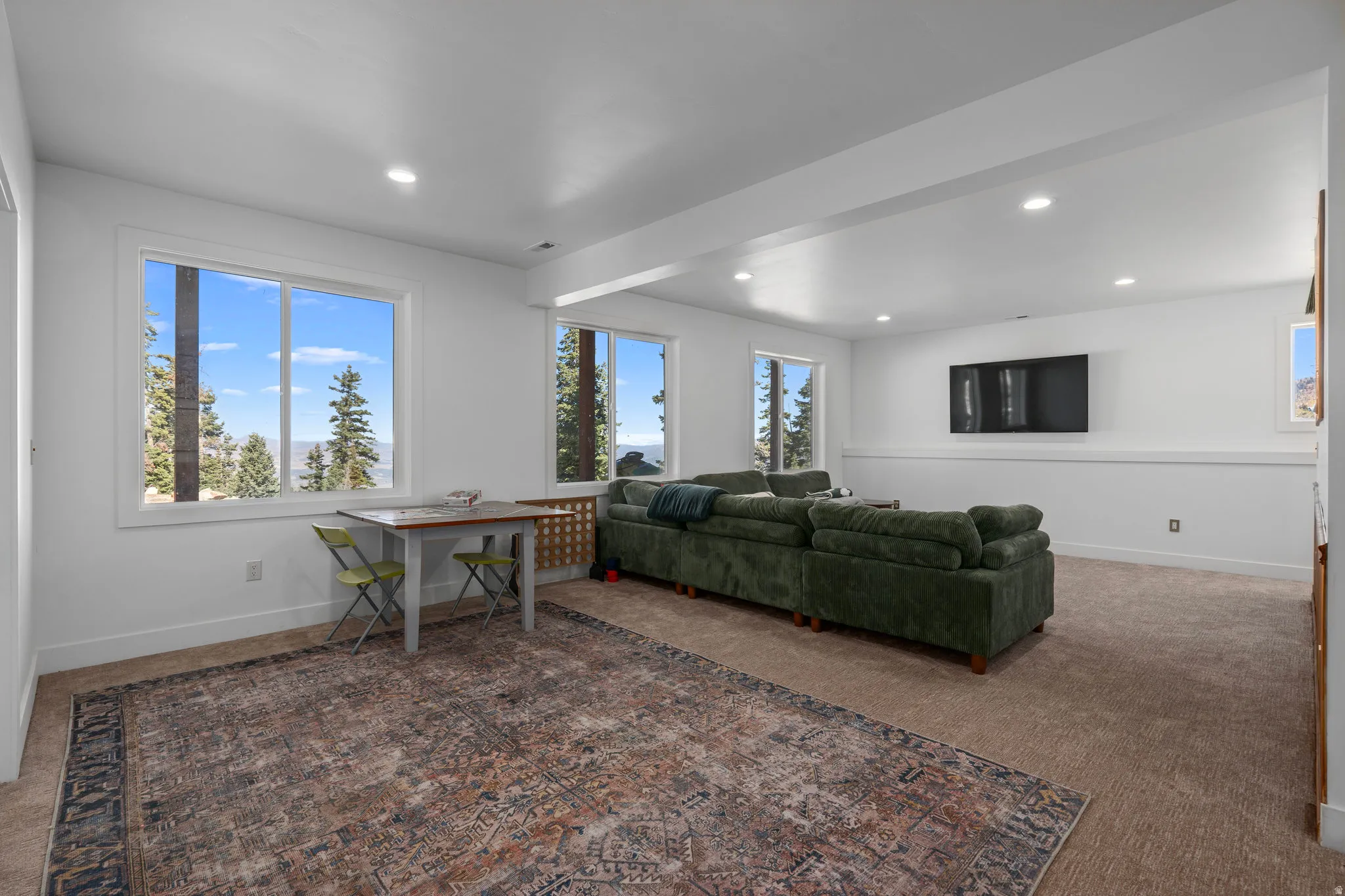 Living area with dark carpet and recessed lighting