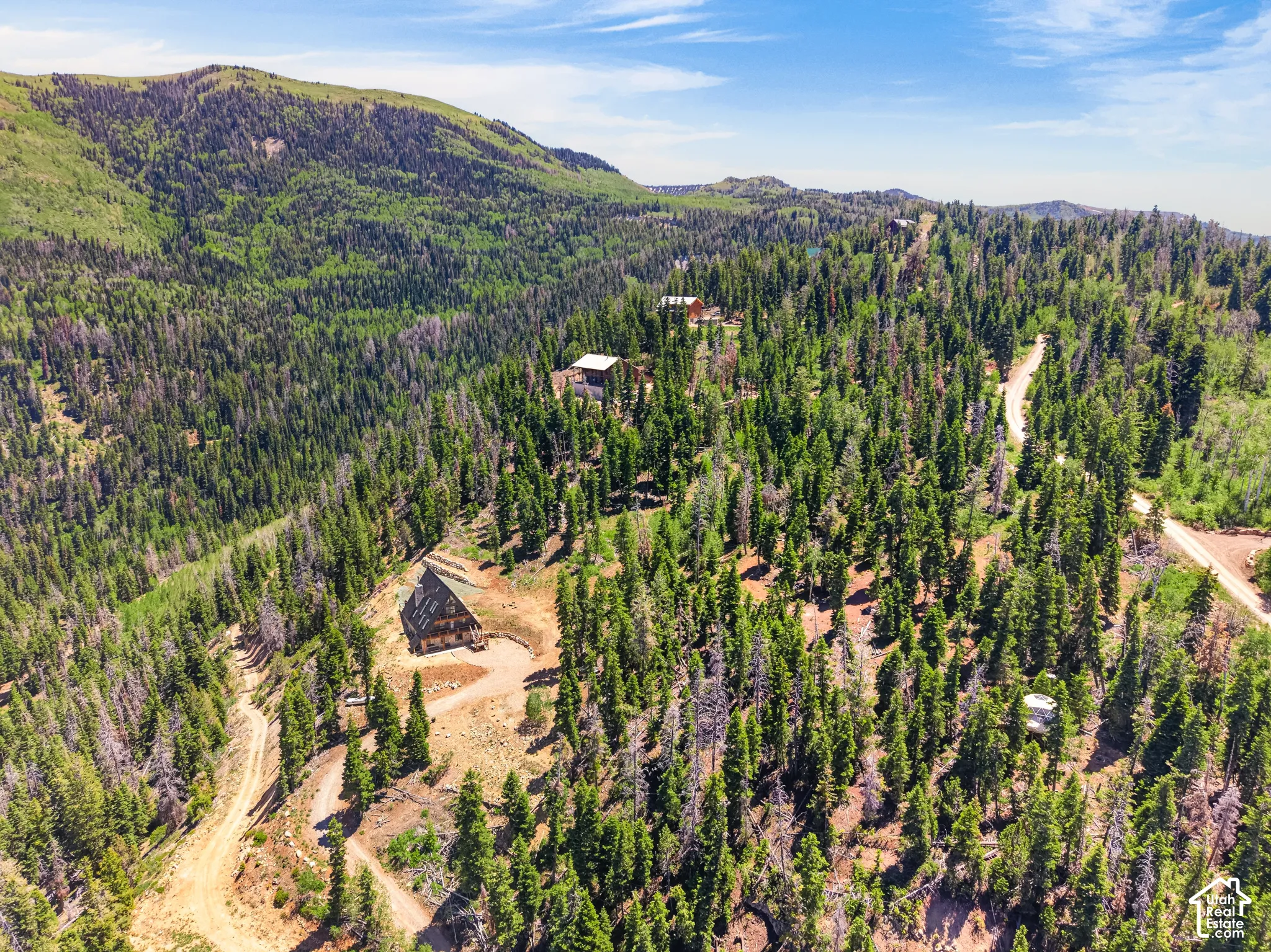 Sprawling wooded property featuring multiple structures, mountain terrain, and winding dirt roads