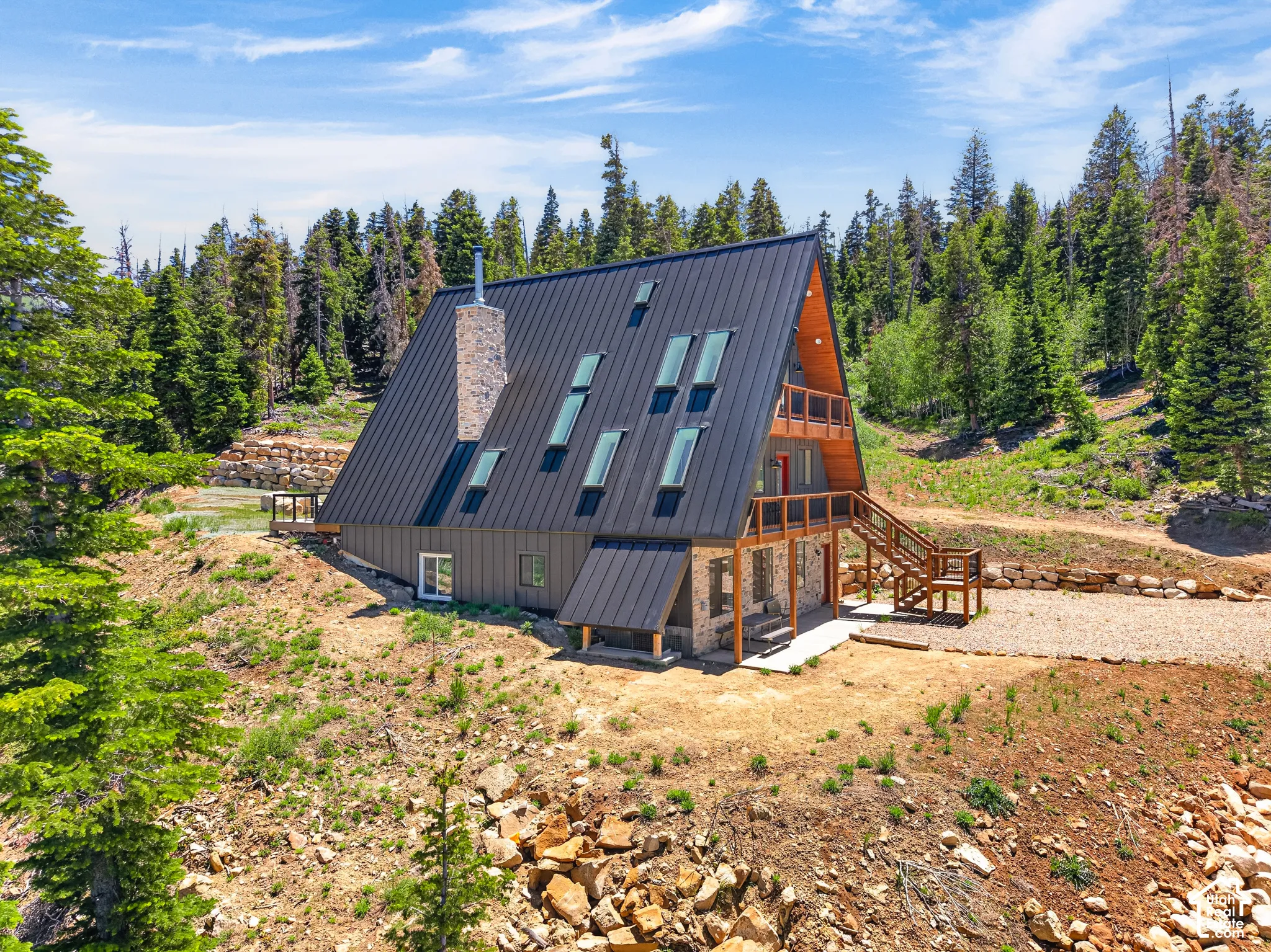 A-frame residence featuring a dark metal roof and multiple skylights