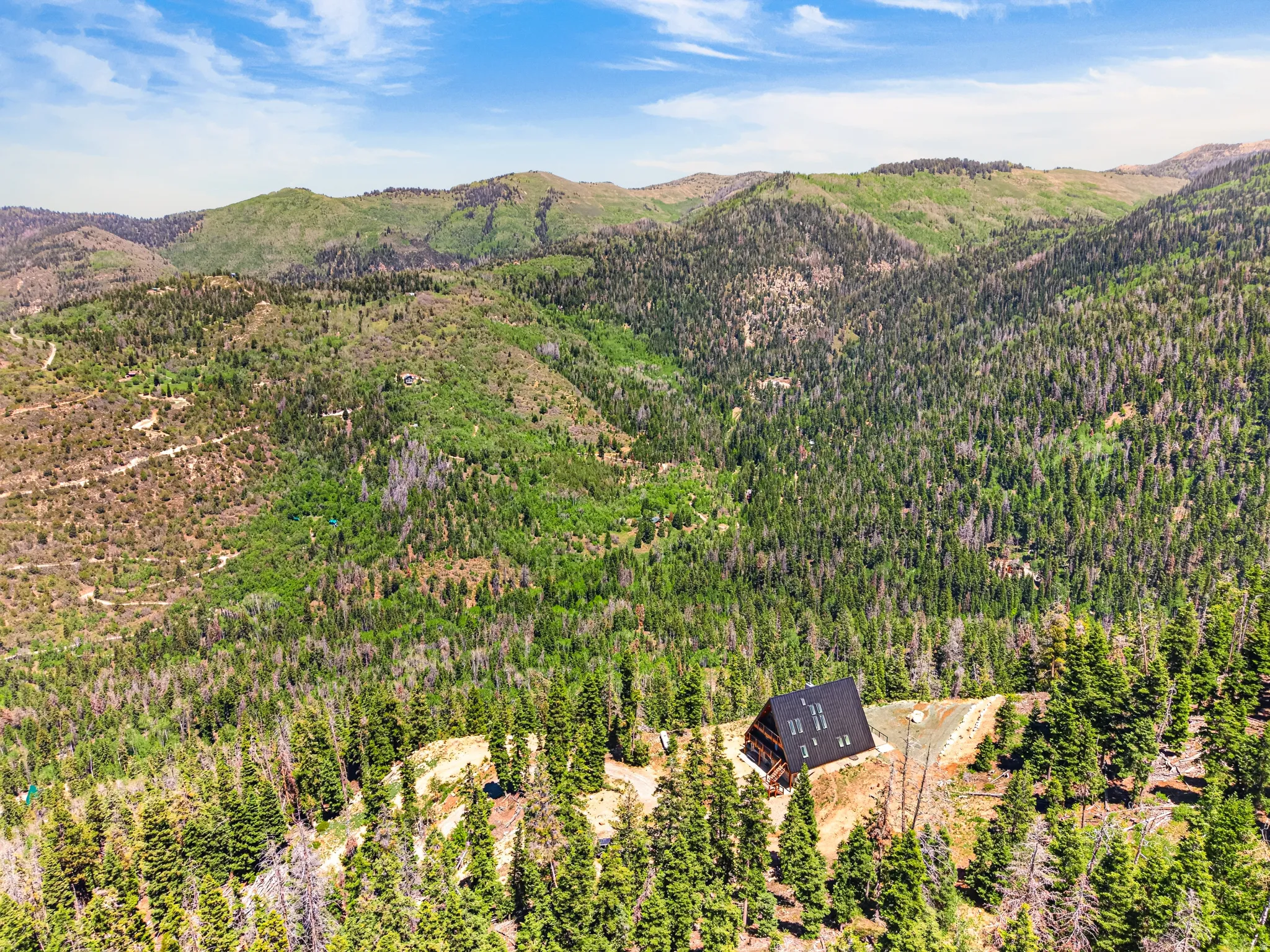 A-frame residence situated in a mountainous, forested landscape