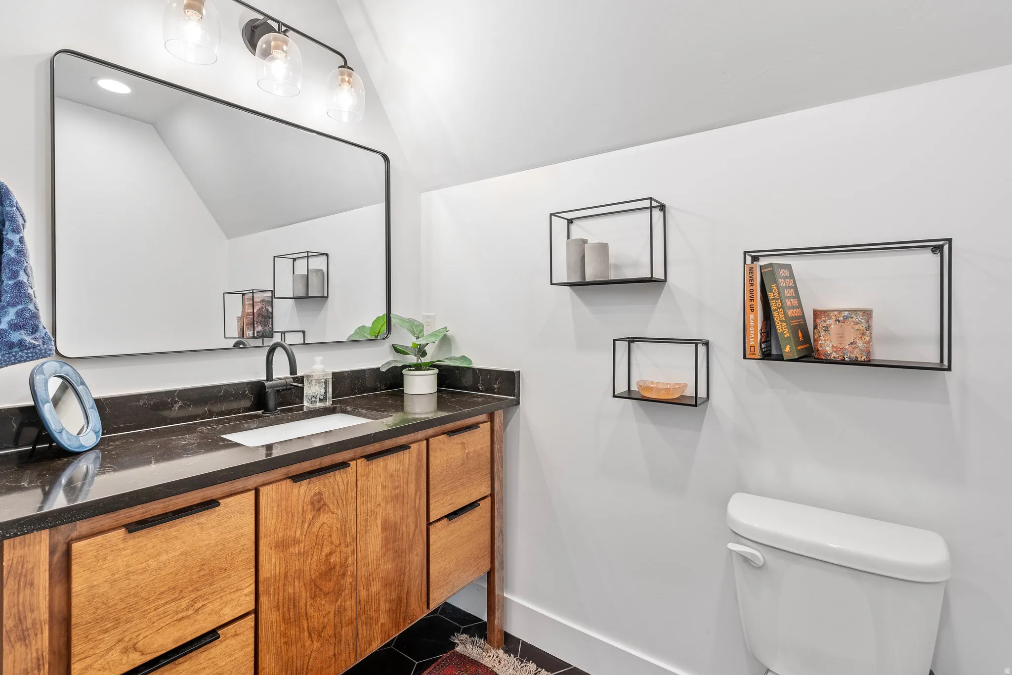 Bathroom with vanity and lofted ceiling