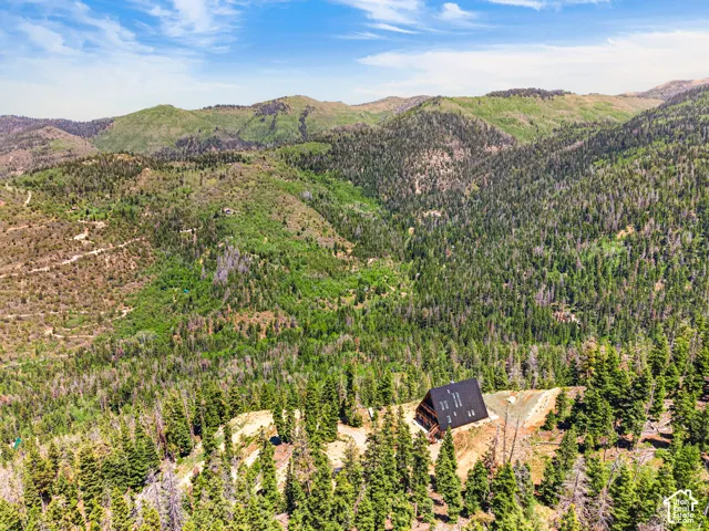 A-frame residence situated in a mountainous, forested landscape