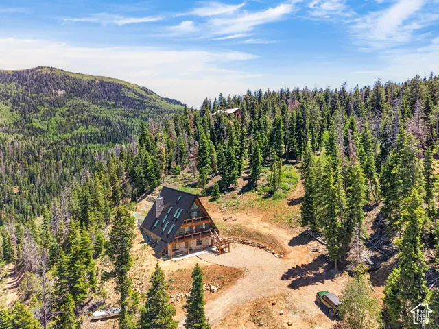 A-frame style property featuring a dark roof and extensive window placement