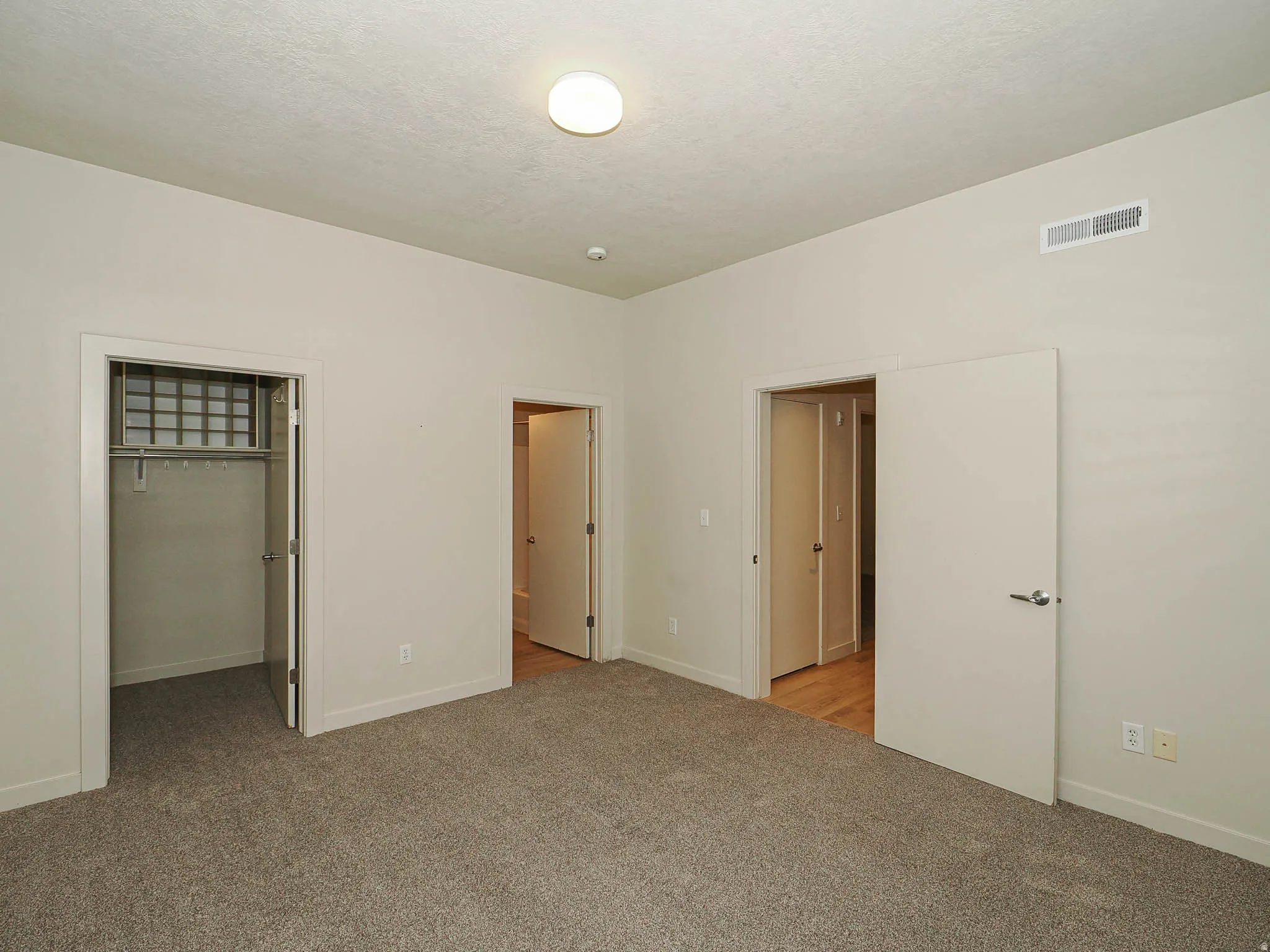 Unfurnished bedroom featuring a spacious closet and light carpet