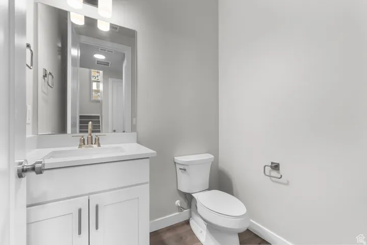 Bathroom featuring vanity and dark wood-style floors