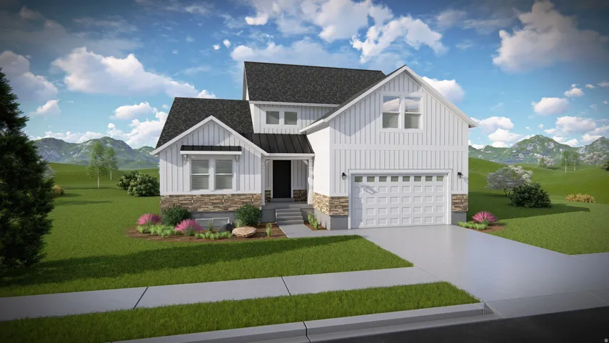 Modern inspired farmhouse with a mountain view, board and batten siding, a shingled roof, an attached garage, and concrete driveway