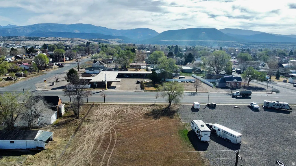 Aerial perspective of suburban area with mountains