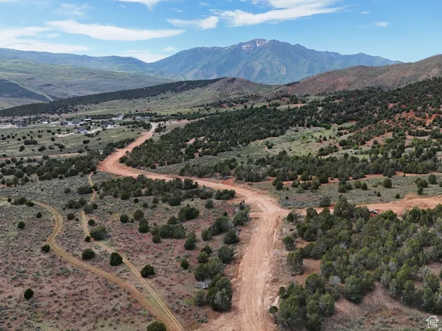 Overview of rural landscape featuring a mountain backdrop
