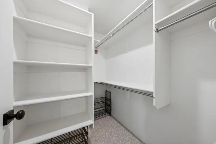 Walk in closet with light colored carpet
