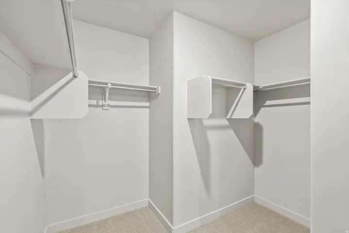 Walk in closet featuring light colored carpet