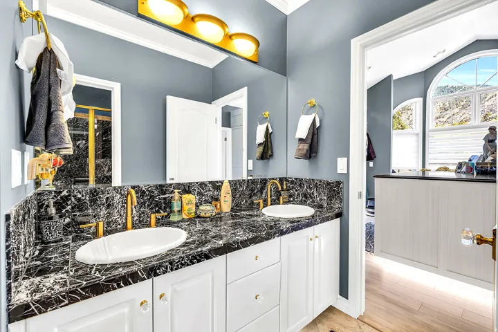 Bathroom with tasteful backsplash, double vanity, crown molding, light wood-style flooring, and lofted ceiling