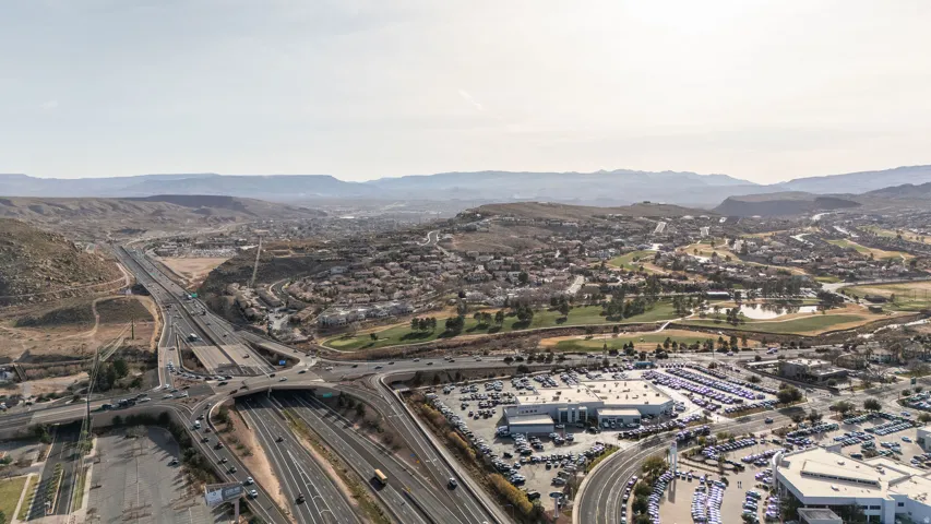 Drone / aerial view of a mountain backdrop