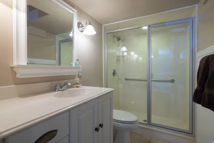 Full bathroom with vanity and a shower stall