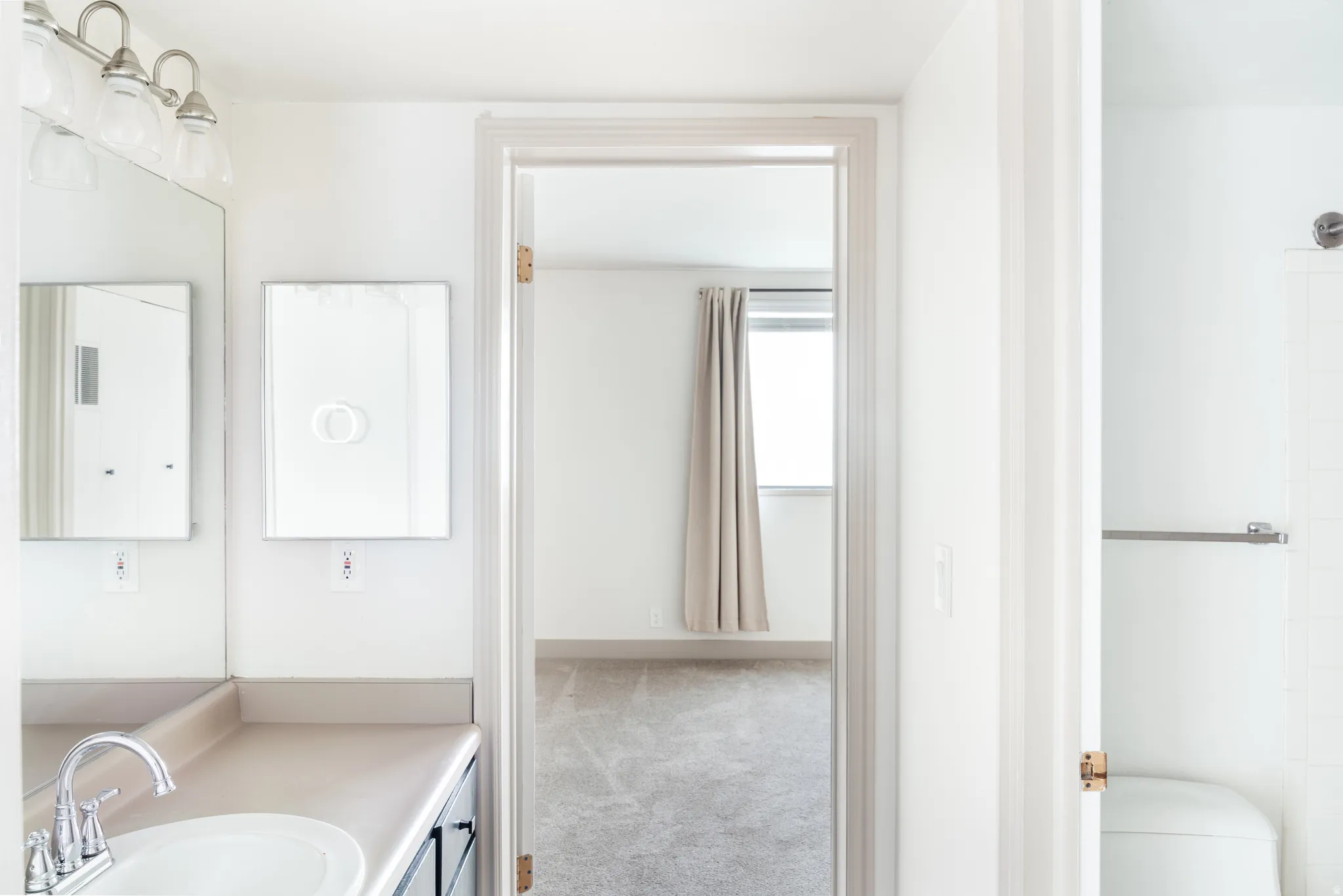 Bathroom featuring light carpet and vanity