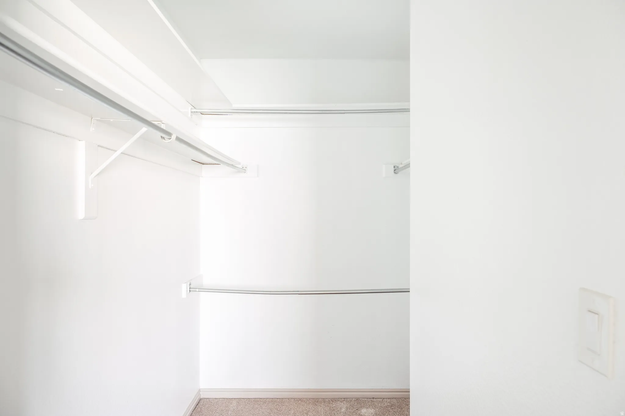 Walk in closet featuring light colored carpet