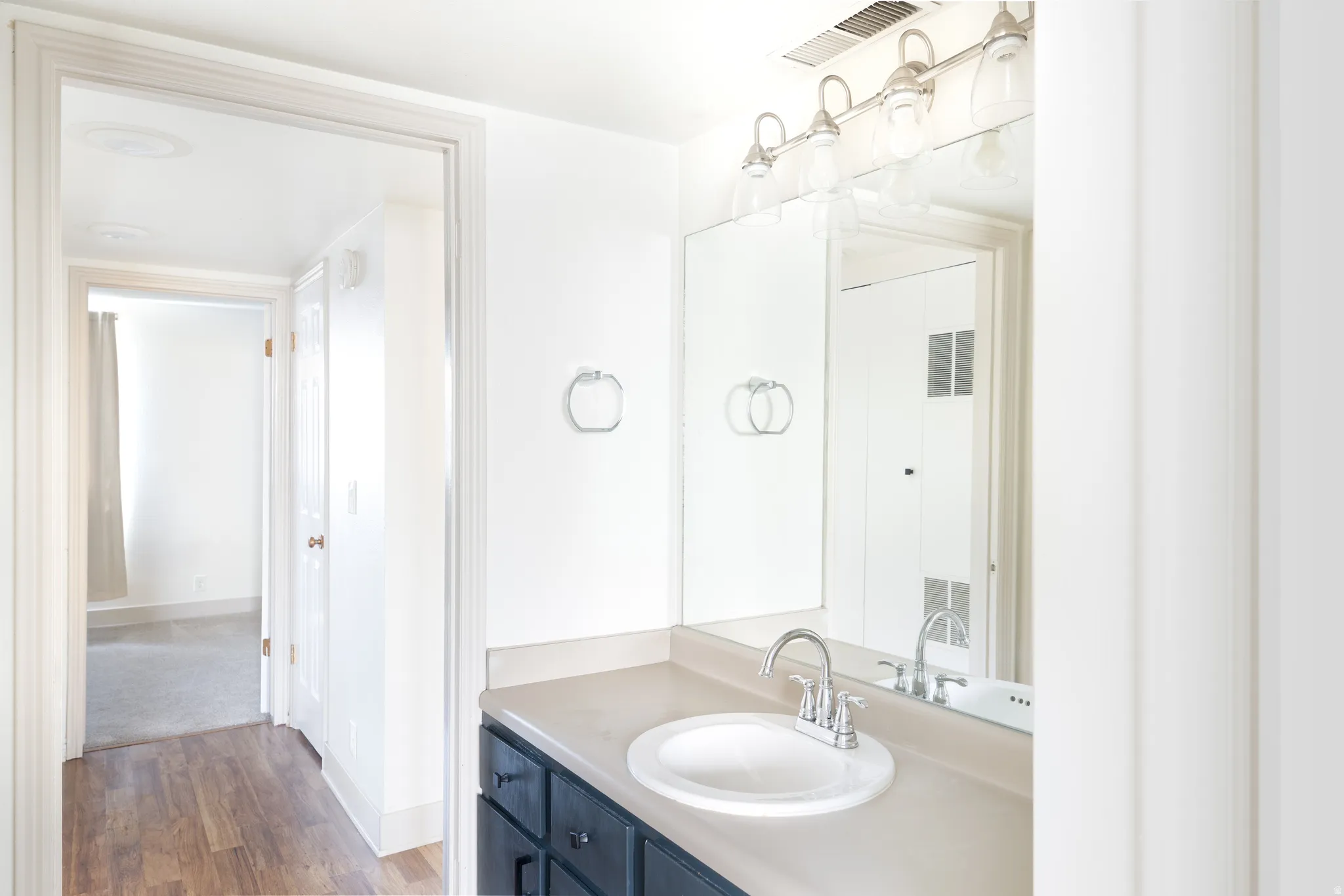 Bathroom featuring vanity and dark wood-style floors