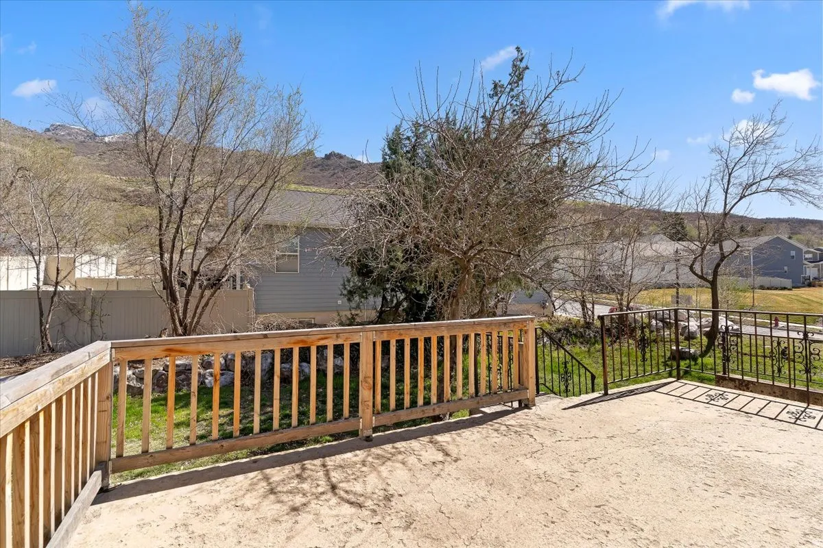 View of patio / terrace featuring a mountain view