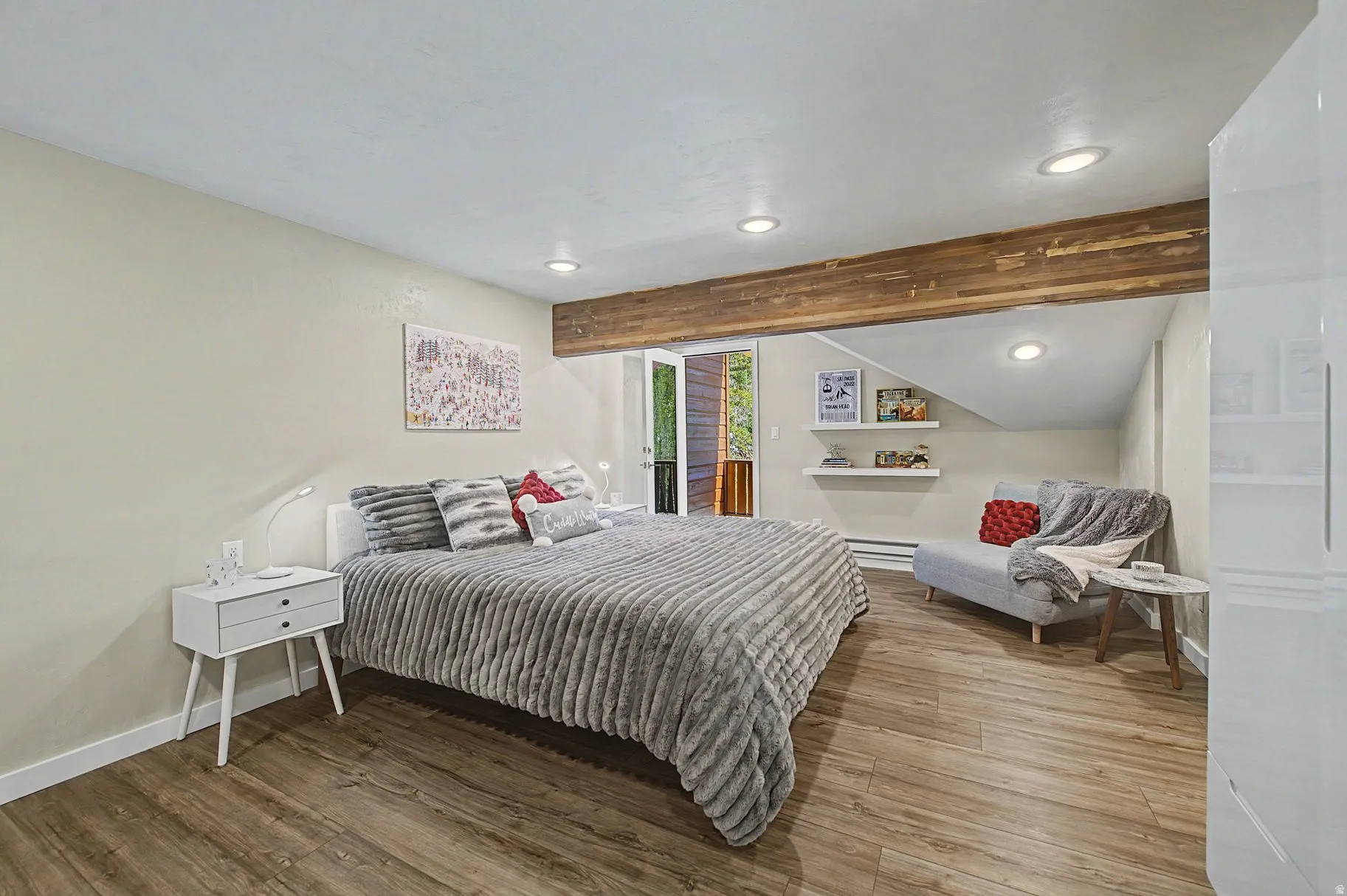 Bedroom featuring wood finished floors, recessed lighting, access to outside, and beamed ceiling