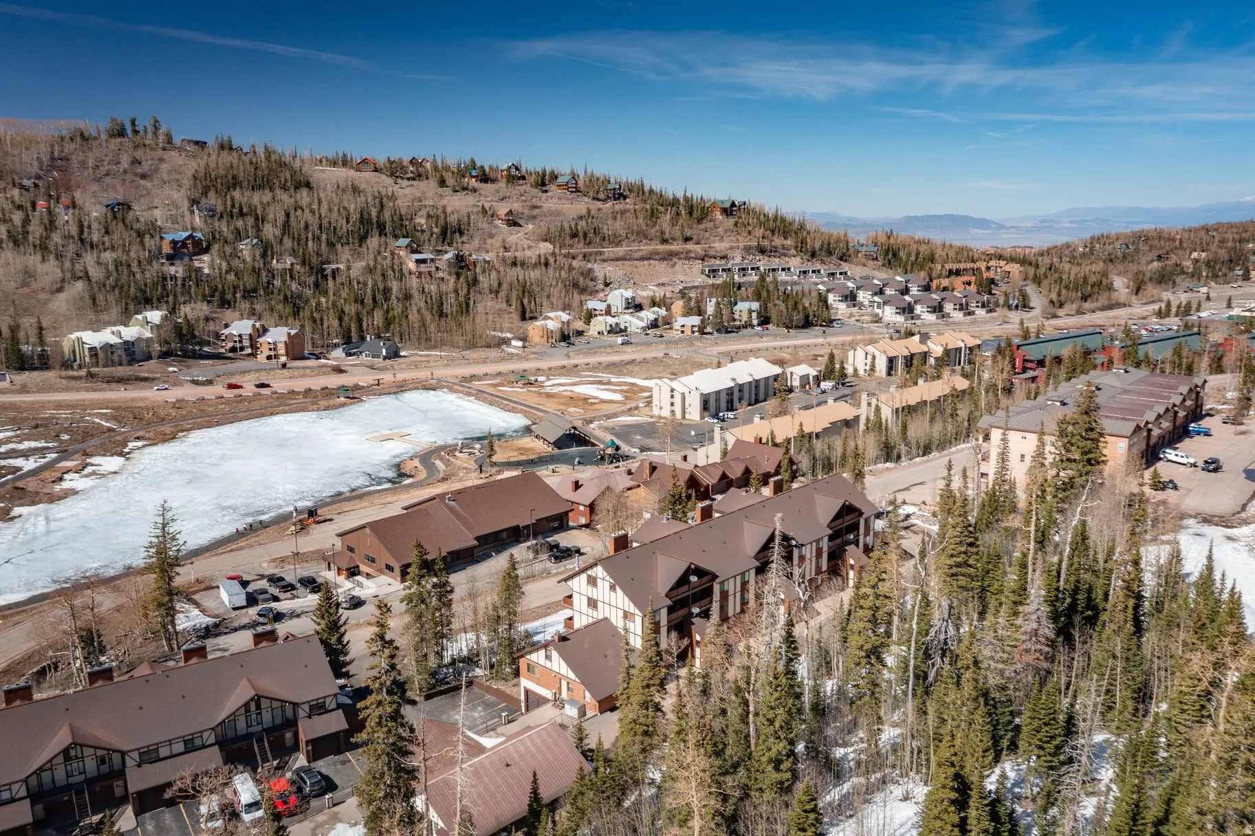 Drone / aerial view of a mountainous background