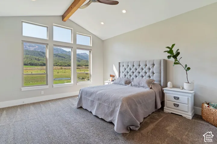 Primary Bedroom featuring carpet, a ceiling fan, recessed lighting and amazing views.