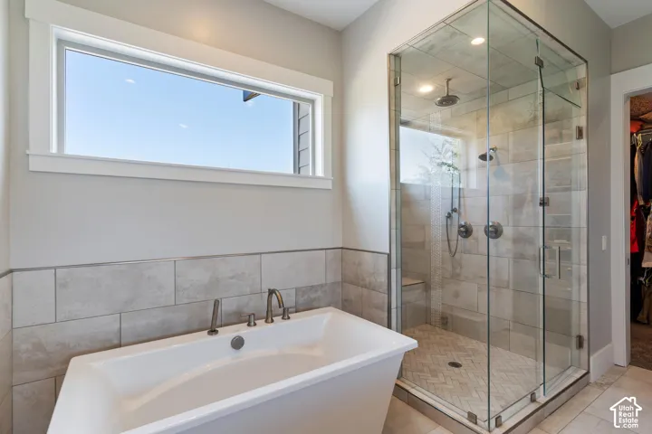Bathroom featuring a walk in closet, a freestanding bath, a stall STEAM shower, and recessed lighting