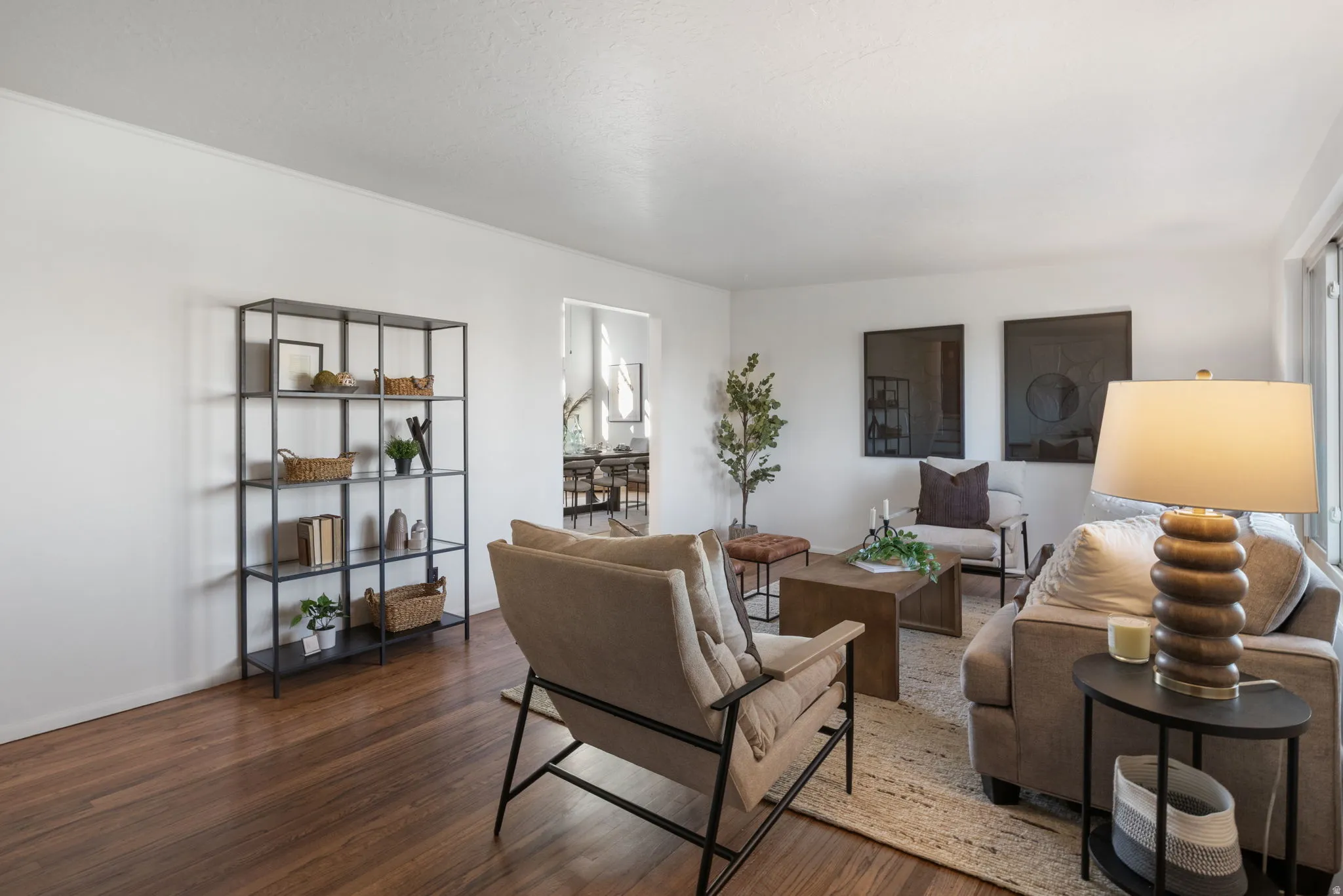 Living room with refinished hardwood floors.
