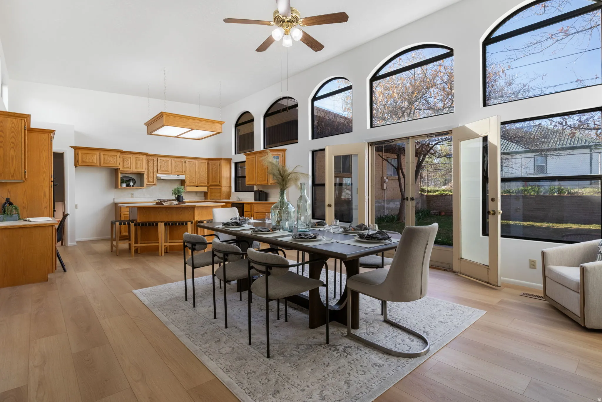 Dining and kitchen flow well for entertaining and gathering. Vaulted ceiling.