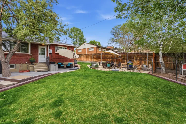 Fenced backyard featuring a patio