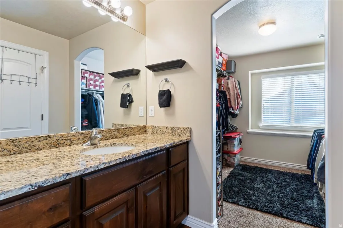 Full bathroom featuring a walk in closet, vanity, and carpet