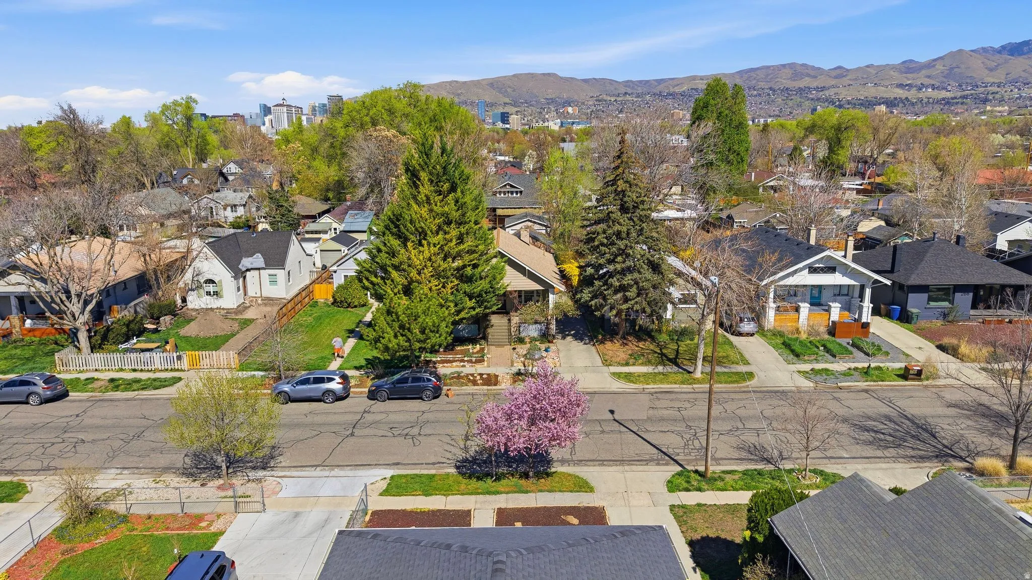 Aerial perspective of suburban area with a mountainous background