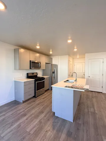 Kitchen featuring gray cabinetry, stainless steel appliances, a center island with sink, dark wood-type flooring, and recessed lighting