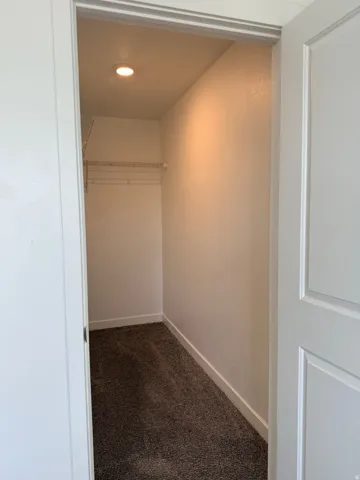 Walk in closet featuring dark carpet