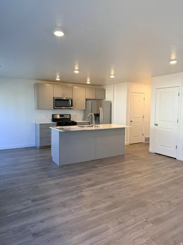 Kitchen with gray cabinetry, stainless steel appliances, dark wood finished floors, a kitchen island with sink, and recessed lighting