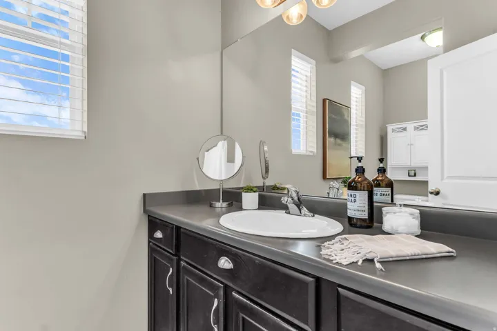 Dark wood-finish vanity with a single basin sink, matte countertop, and wall-mounted mirror
