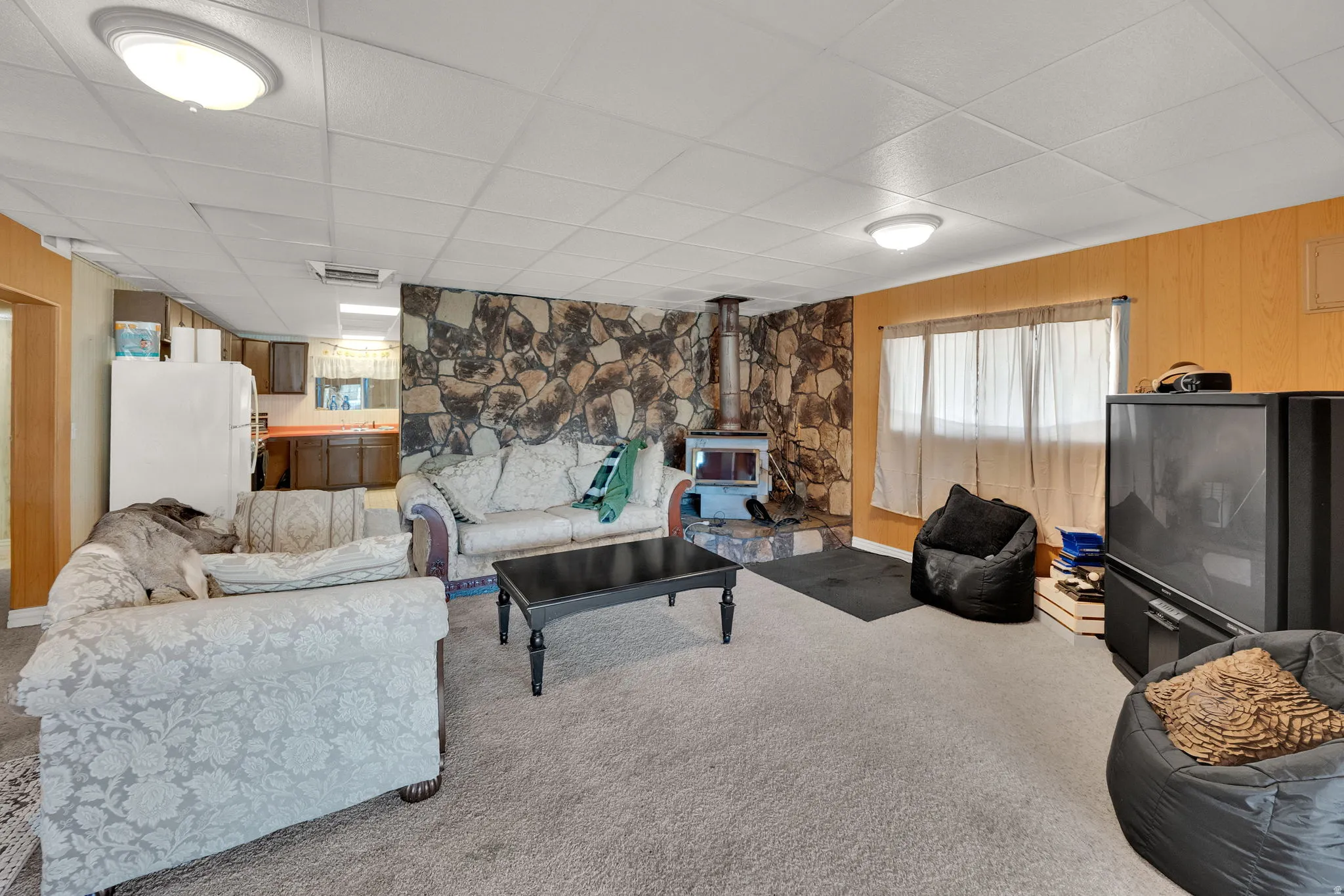 Living area featuring a wood stove, carpet floors, healthy amount of natural light, wooden walls, and a drop ceiling