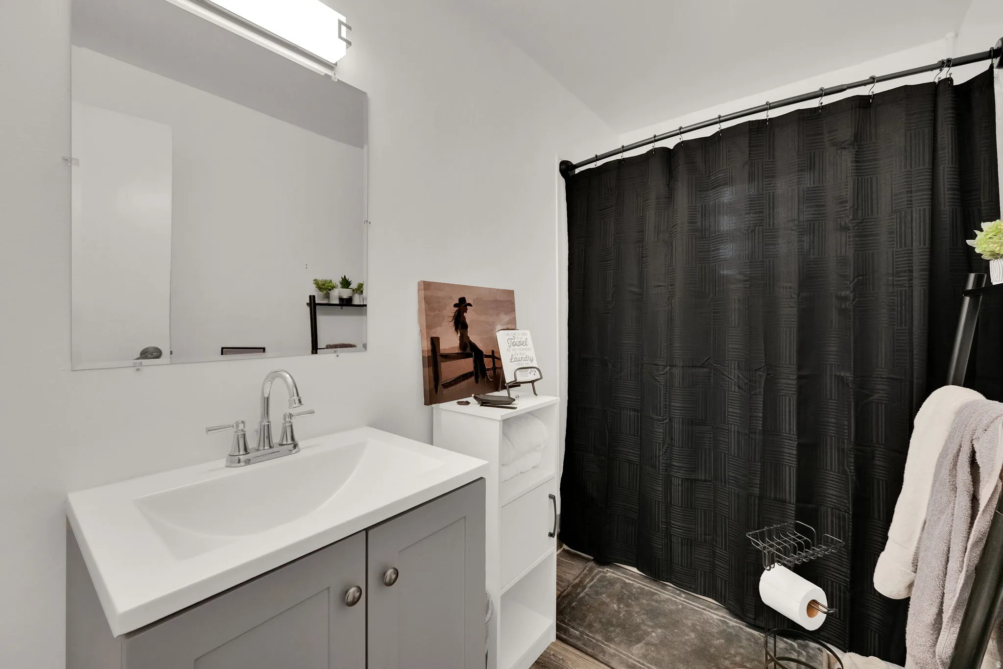 Bathroom featuring vanity and a shower with curtain