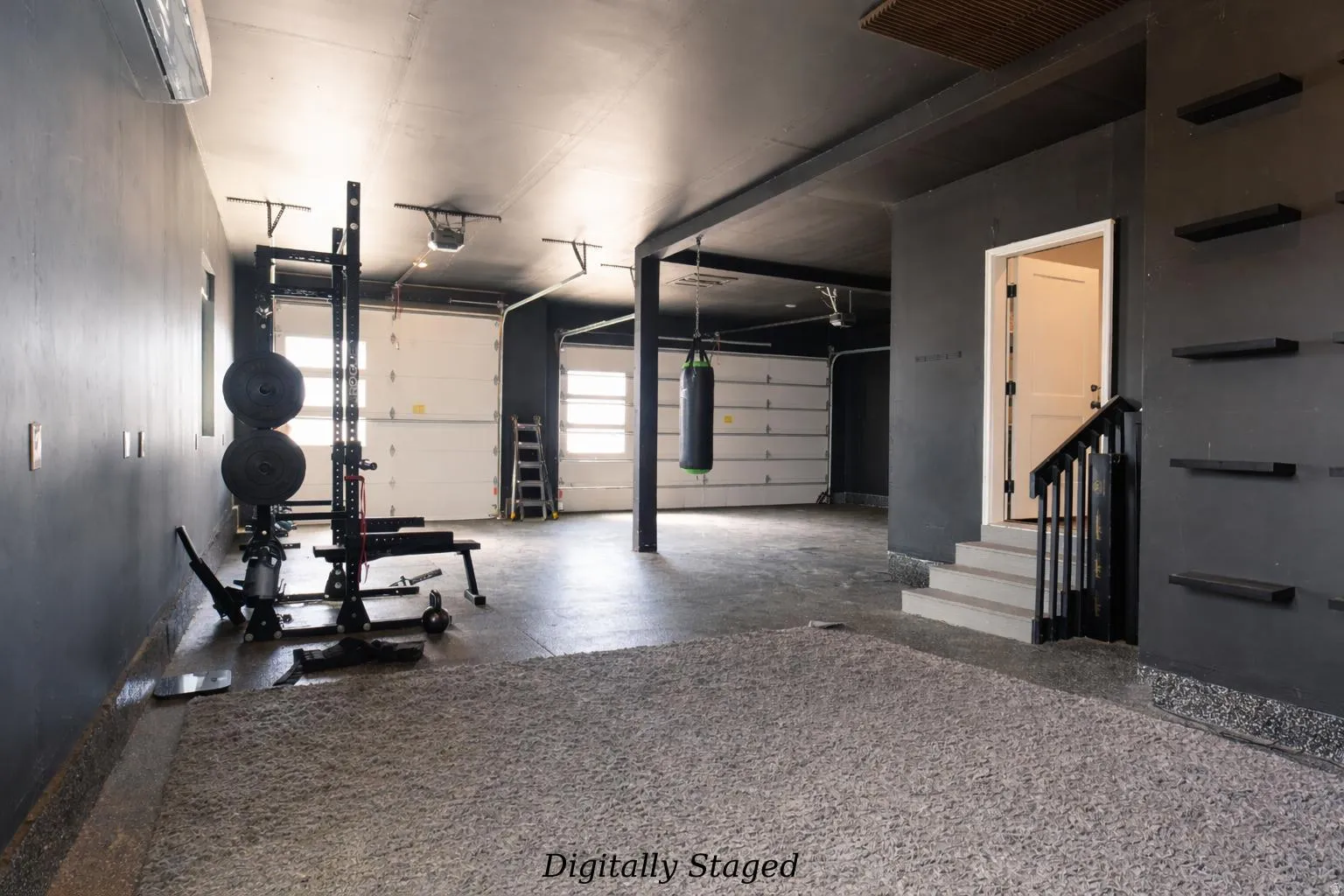 Workout area with a garage