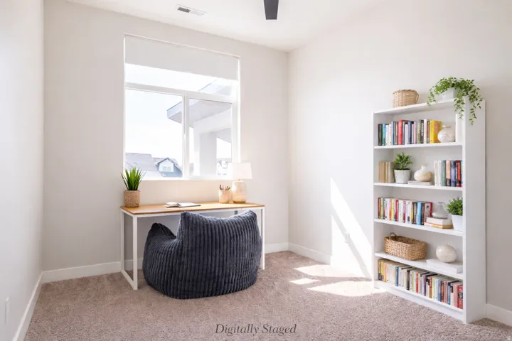 Office featuring light carpet and a desk