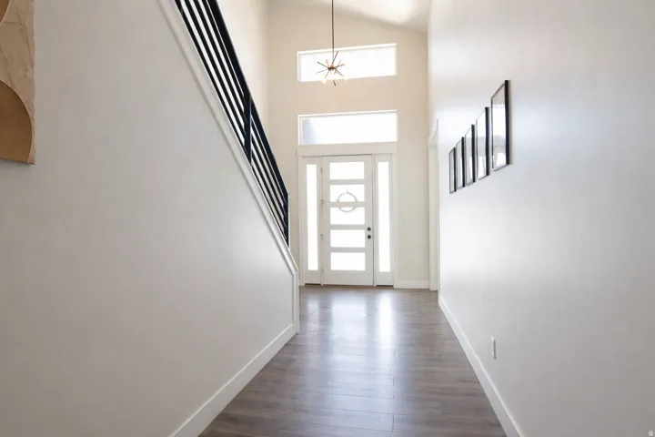 Foyer entrance featuring a high ceiling and dark wood-style flooring